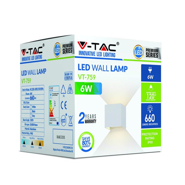 Verpackung einer V-TAC LED-Wandlampe mit technischen Daten und Garantieinformationen
