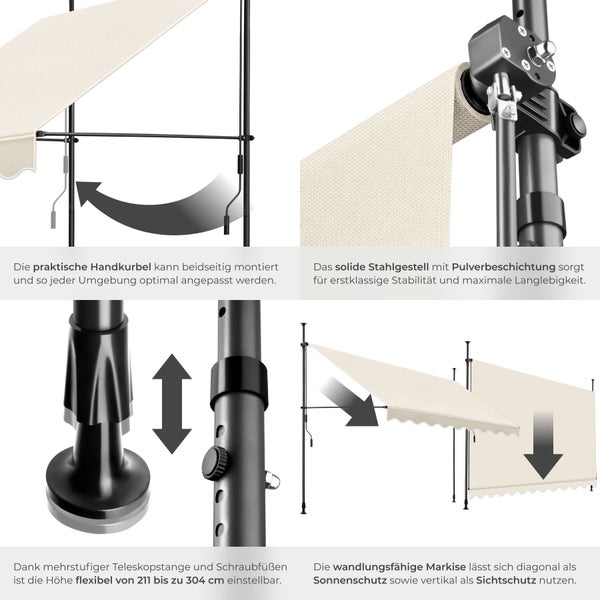 Klemmmarkise mit Teleskopstangen, Handkurbel und pulverbeschichtetem Stahlgestell. Einstellbare Höhe von 211 bis 304 Zentimeter.