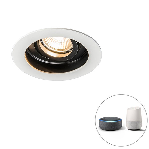 Runder LED-Einbaustrahler in Weiß und Schwarz, schwenkbar, Smart Home-kompatibel für die Deckenmontage.