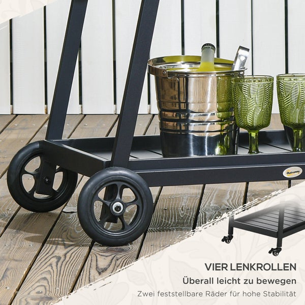 Outsunny Rattan Servierwagen mit Ablage, Gartenrollwagen mit Griffen, 79L x 52B x 82H cm, Stahl, Grau