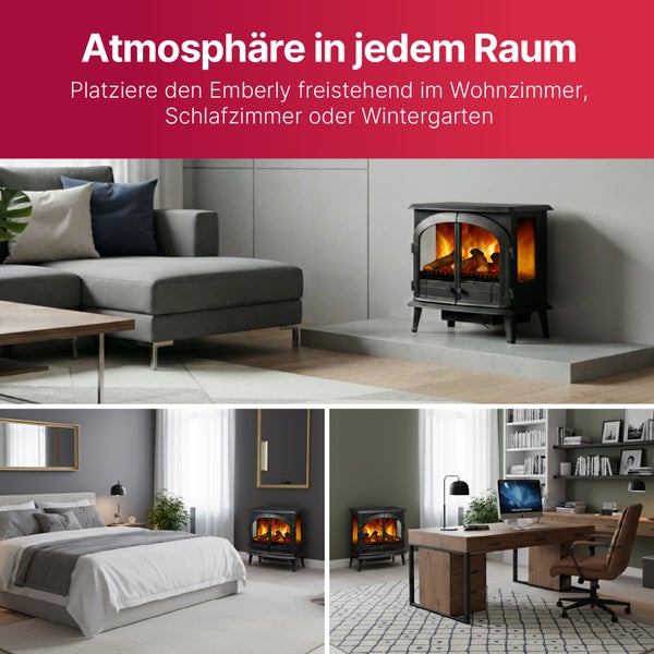 Freistehender schwarzer Elektrokamin mit Flammeneffekt in hellen, modern eingerichteten Räumen wie Wohnzimmer, Schlafzimmer und Arbeitszimmer.