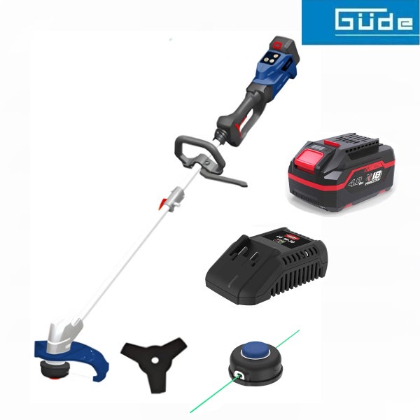 Güde Logo. Güde Akku-Rasentrimmer Set mit 18 Volt Akku, Ladegerät, Schneidmesser und Fadenspule.