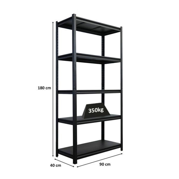 Schwarzes Metallregal mit fünf Ebenen, 180 x 90 x 40 cm, mit einer maximalen Belastbarkeit von 350 kg