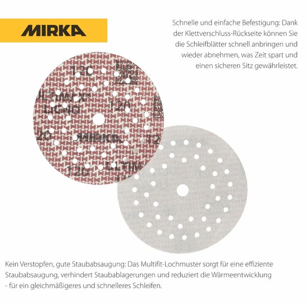 Runde Mirka Schleifscheibe mit Klettverschluss und Multifit Lochmuster für effiziente Staubabsaugung beim Schleifen