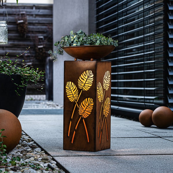 FRANK FLECHTWAREN | LED-Säule Blätter, 2tlg., METALL, 18 x 18 x 45 cm, Schale Ø 28 x 5 cm, GH 53 cm, ohne Batterien, für den Außenbereich geeignet