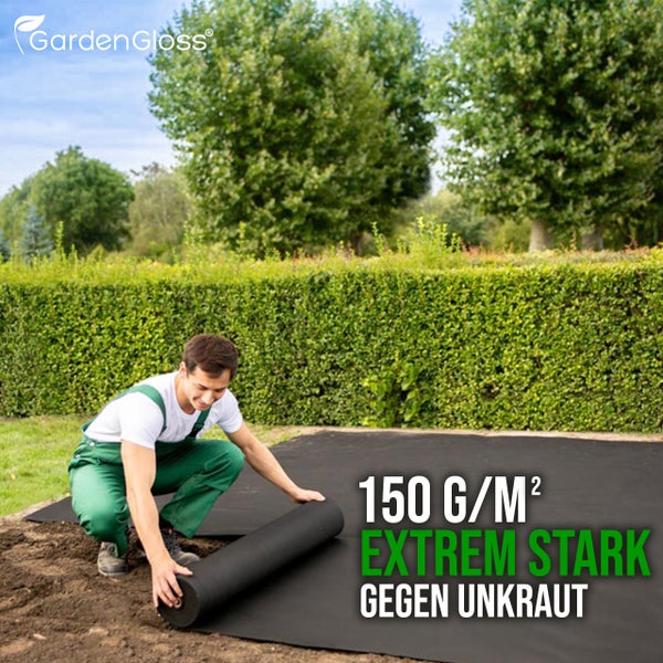 GardenGloss® 20m² Unkrautvlies Gartenvlies 150g/m² Extra Stark gegen Unkraut – Extrem Reissfest und Hohe UV-Stabilisierung – Unkrautfolie Wasserdurchlässig (10m x 2m, gefaltet)