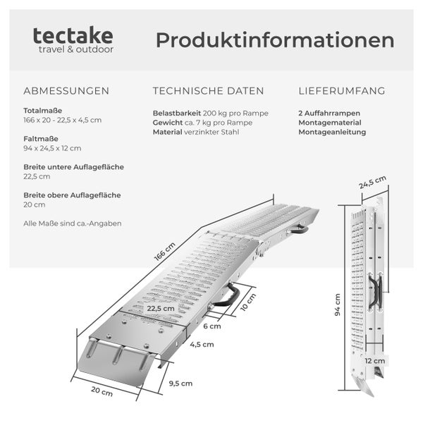 Auffahrrampen tectake Björn Belastbarkeit 400 kg, 200 kg pro Rampe 2er Set silber