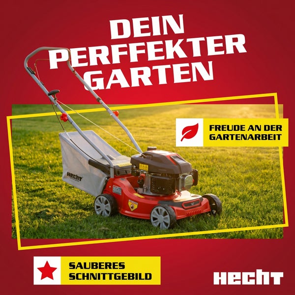 Hecht Benzin-Rasenmäher auf einer Rasenfläche für ein sauberes Schnittbild und Hecht Logo.