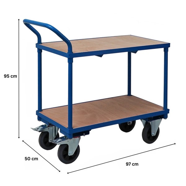 Tischwagen mit zwei Holzetagen, blauem Metallrahmen und vier Rollen. Maße: Höhe 95 Zentimeter, Breite 50 Zentimeter, Länge 97 Zentimeter.