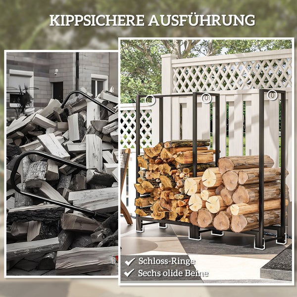 Outsunny Kaminholzregal, mit zwei Abschnitte, drei Haken, für Outdoor, Indoor, bis 200 kg, 123 x 32 x 115 cm, Stahl, Schwarz