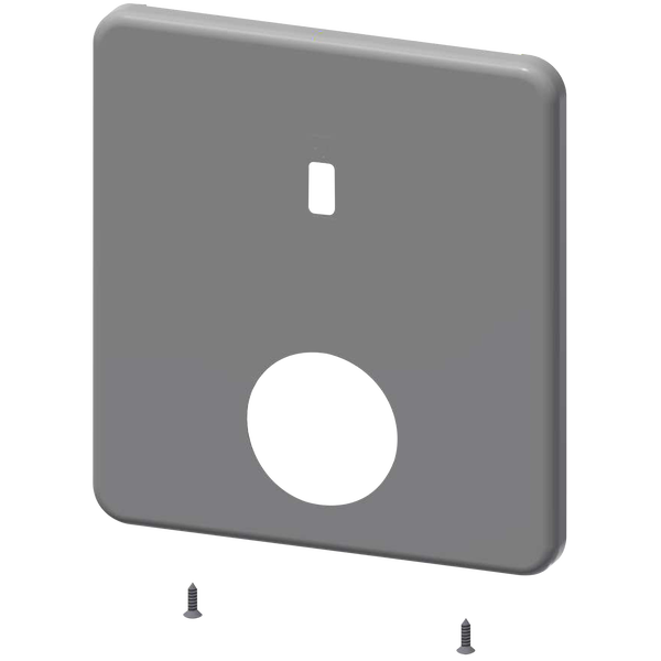 Graue Abdeckplatte quadratisch mit runder und rechteckiger Aussparung inklusive zwei Schrauben.