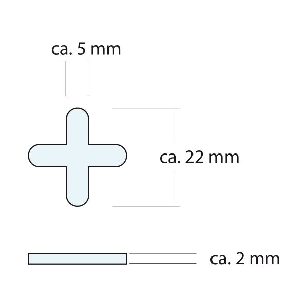 Technische Zeichnung eines Fliesenkreuzes mit den Maßen circa 5 Millimeter Breite, circa 22 Millimeter Länge und circa 2 Millimeter Stärke.