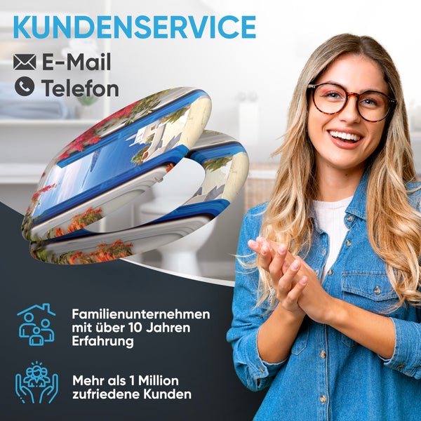 Kundenservice-Informationen mit E-Mail- und Telefonkontaktdaten, Toilettensitz mit Motiv, Angabe zu Familienunternehmen und Kundenzufriedenheit