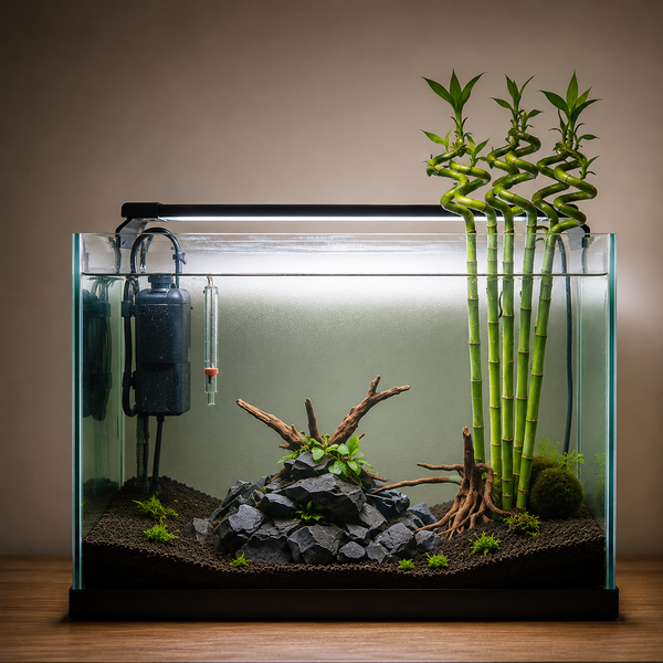 Modernes Glasaquarium mit Innenfilter, LED-Beleuchtung, dunklem Bodengrund, Steinen, Wurzelholz und Spiralbambus.