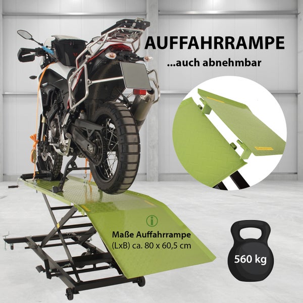 Hydraulische Motorradhebebühne XL 560 kg Scherenhub Breite 60,5 cm Motorradheber in Schwarz/Grün