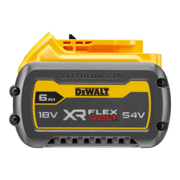 DeWALT XR FLEXVOLT Lithium-Ionen Akku mit 6 Amperestunden, umschaltbar zwischen 18 Volt und 54 Volt.