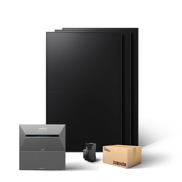Anker SOLIX Balkonkraftwerk Set bestehend aus vier Solarmodulen, Solarbank Speicher, Smart Meter und Zubehör.