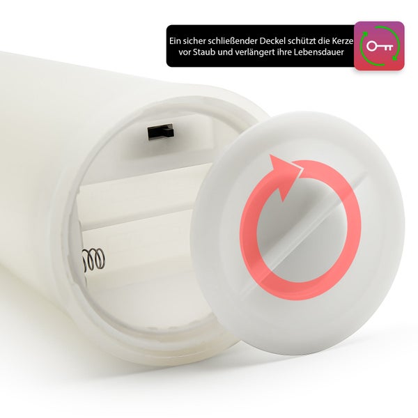 LED-Kerze mit Batteriefach und Schutzdeckel, der vor Staub schützt und die Lebensdauer verlängert.