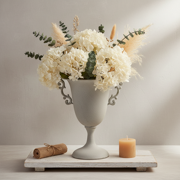 Dekorative graue Amphoren-Vase mit weißen Hortensien, Eukalyptus und Pampasgras auf einem Holzpodest neben einer Kerze und einer Juterolle.
