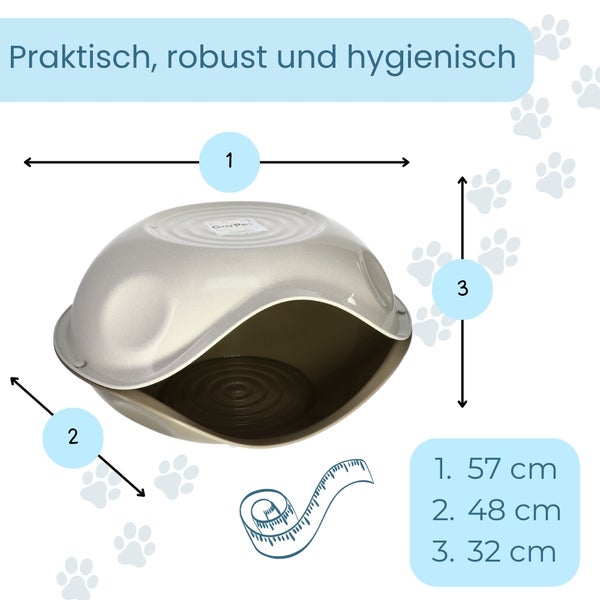 Abmessungen einer beigen GarPet Katzenhöhle: 57 Zentimeter, 48 Zentimeter und 32 Zentimeter.