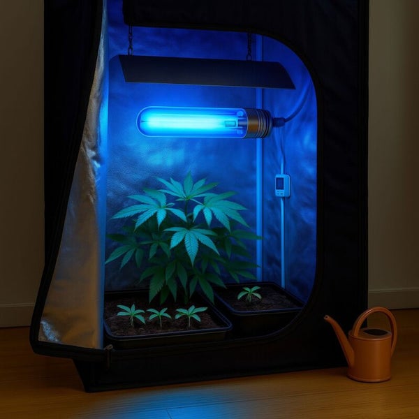 Growbox mit Pflanzen unter blauem LED Wachstumslicht, Anzuchtschalen, Thermometer und Gießkanne.