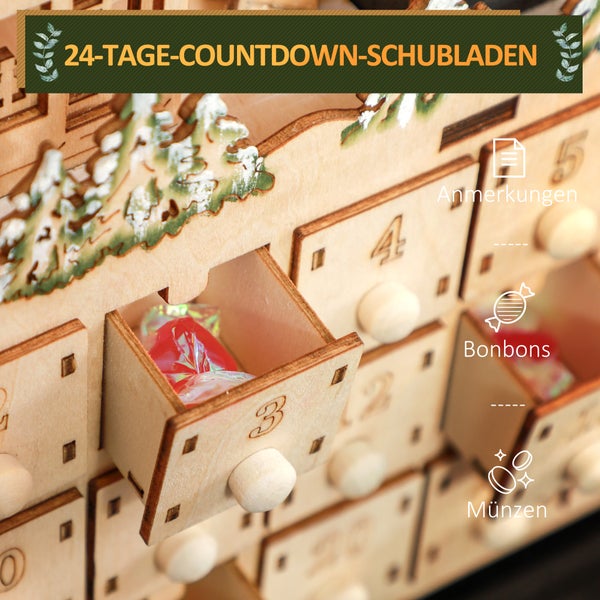 Adventskalender aus Holz mit 24 nummerierten Schubladen für Süßigkeiten oder Münzen. Eine geöffnete Schublade zeigt ein Bonbon.