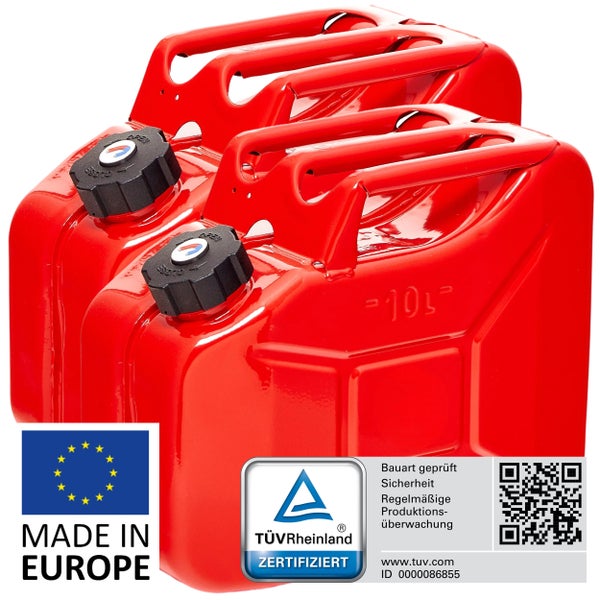 BW® Kraftstoffkanister Metall Benzinkanister 2x 10 Liter mit Schraubverschluss - Rot - RAL 3000 - TÜV-geprüft und UN-Zulassung - Made in Europe