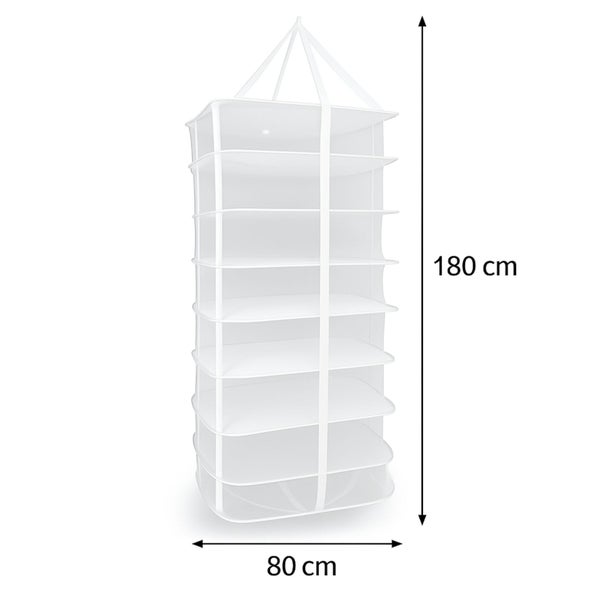 Wäschetrockner mit zehn Ablageflächen, circa 180 cm hoch und circa 80 cm breit.