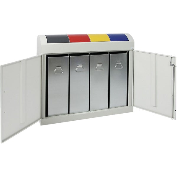 Abfalltrennsystem mit vier Behältern und offenen Türen