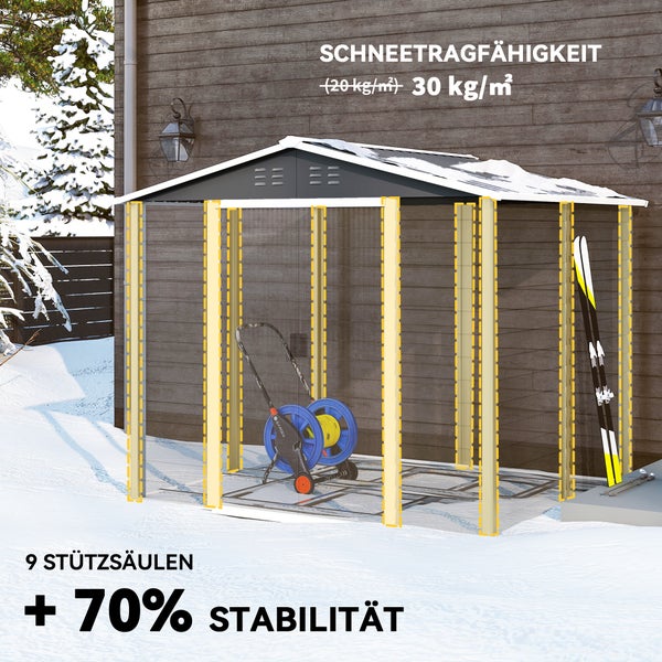 Anthrazitfarbenes Gerätehaus aus Metall mit Satteldach und Schiebetür, inklusive Arbeitshandschuhen und Bügelschloss mit Schlüsseln.