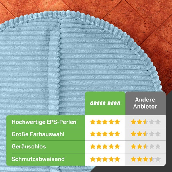 Green Bean Pouf-Kissen 45x25cm mit EPS-Perlen Füllung & Cordstoff Bodenkissen Liegekissen Sitzkissen Sitzhocker Sessel Kinder Erwachsene Stoff Hocker Ablage Hellblau