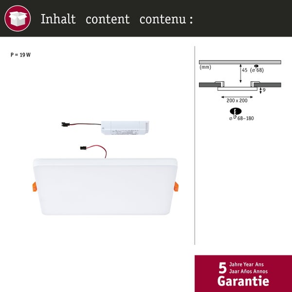 LED Panel quadratisch 19 Watt mit Trafo, Maße 200 mal 200 Millimeter, Ausschnitt 68 bis 180 Millimeter, 5 Jahre Garantie.