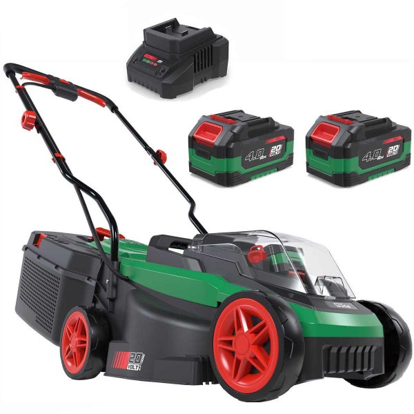 Akku-Rasenmäher Set inklusive zwei 20 Volt 4,0 Amperestunden Akkus und einem Ladegerät.