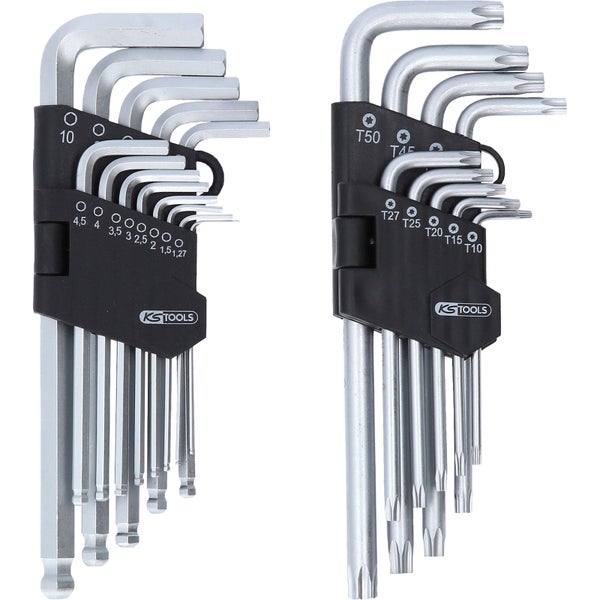 KS Tools Winkelschlüsselsatz Set, Torx und Innensechskant mit Kugelkopf in schwarzen Klapphaltern.