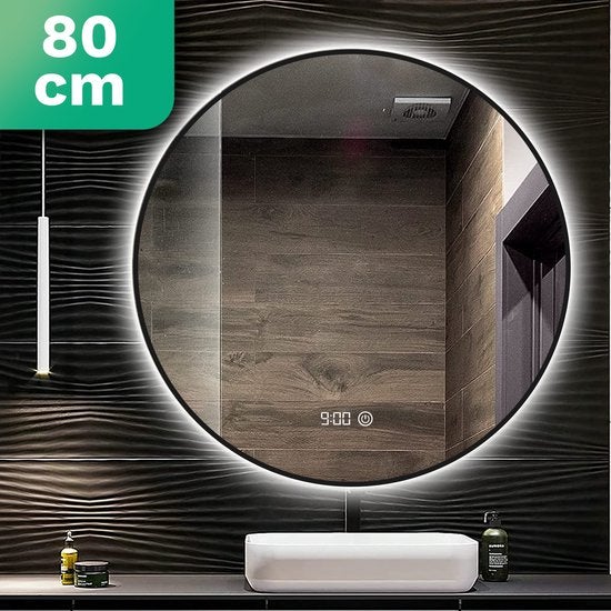 Mirlux Badezimmerspiegel mit LED Beleuchtung, Wandspiegel Rund,  Anti Kondensations Duschspiegel,  Mattschwarz 80CM