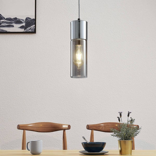 Lindby Esstisch Pendelleuchte 1flammig, Hängeleuchte Glas Metall Hängelampe Rauchgrau 1x E27 max. 25W ohne Leuchtmittel Wohnzimmer Glasleuchte