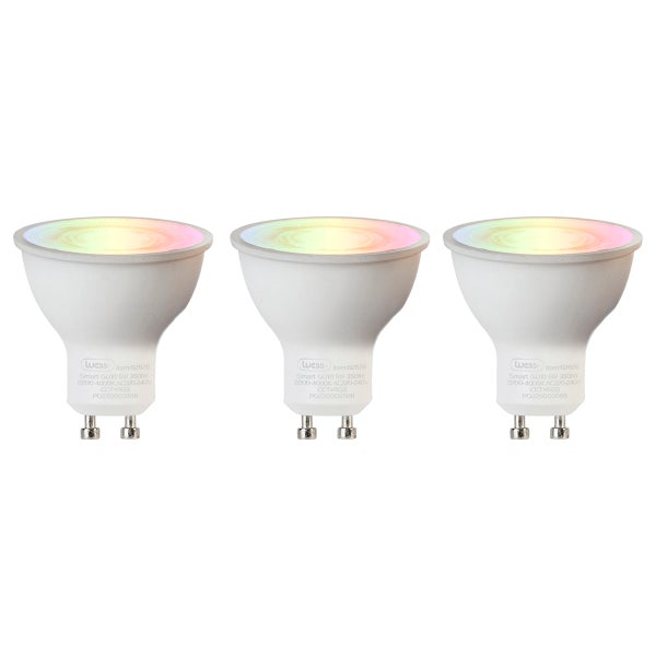 Dreier-Set smarte LED-Leuchtmittel GU10, 5 Watt, 350 Lumen, mit RGB-Farbwechsel und einstellbarer Farbtemperatur von 2200 bis 4000 Kelvin.