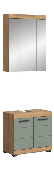 Badmöbel-Set bestehend aus dreitürigem Spiegelschrank in Holzoptik und Waschbeckenunterschrank mit grünen Fronten und schwarzen Griffen.