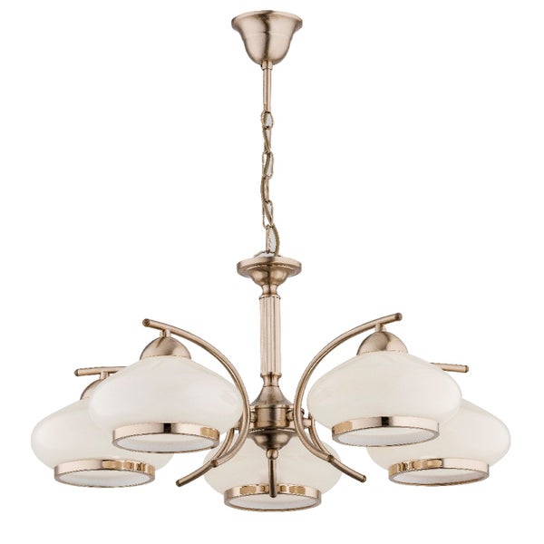 Fünfflammige Pendelleuchte mit antiker Metallstruktur und opalweißen Glasschirmen im klassischen Design