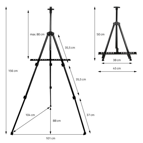 ECD Germany Metall Staffelei klappbar mit Ablage & Halterung für Farben & Pinsel, verstellbare Höhe 50-156cm, leicht-stabil, Atelierstaffelei mit Tragetasche Feldstaffelei Tischstaffelei für Leinwand