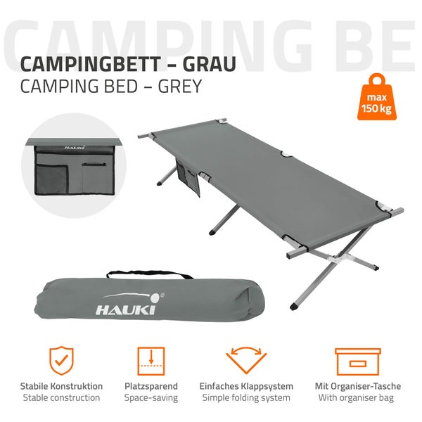 Hauki Campingbett klappbar, Grau, 210x83x46 cm, XL Feldbett mit Tragetasche, Seitentasche, Metallrohr, Belastbarkeit bis 150kg, Gästebett tragbar, Outdoor, Campingliege stabil, Klappbett für Reisen