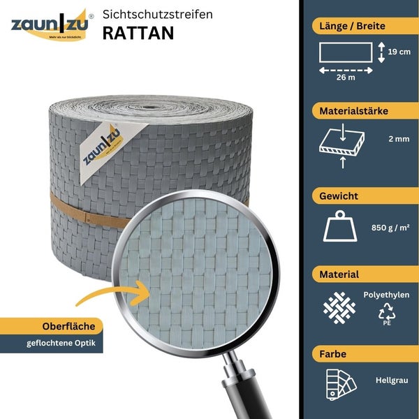 Zaun Sichtschutzstreifen Rattan, Länge 26 Meter, Breite 19 Zentimeter, Materialstärke 2 Millimeter, Gewicht 850 Gramm pro Quadratmeter, Material Polyethylen, Farbe Hellgrau