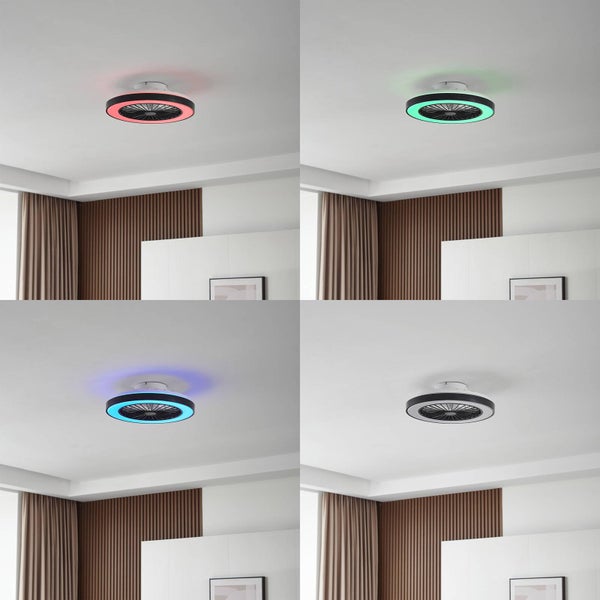 Moderner Deckenventilator mit integrierter LED-Beleuchtung in einem hellen Raum, dargestellt in vier verschiedenen Lichteinstellungen.