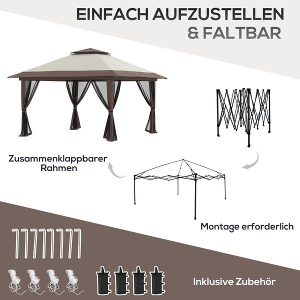 Outsunny Faltpavillon 4 x 4 m, Pavillon mit 4 Moskitonetz, Höhenverstellbares Pop-Up-Zelt UV-Schutz 50+, Partyzelt mit Doppeldach, Tragetasche, für Balkon, Campingplatz, Oxford-Polyester Beige