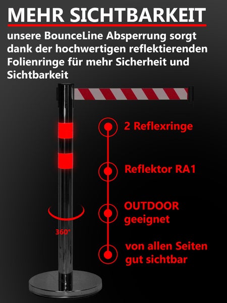 UvV BounceLine Personenleitsystem, Edelstahl 2 x 90 cm3 m Gewebeband / Rot / Heavy ca. 8 kg bis 3 m