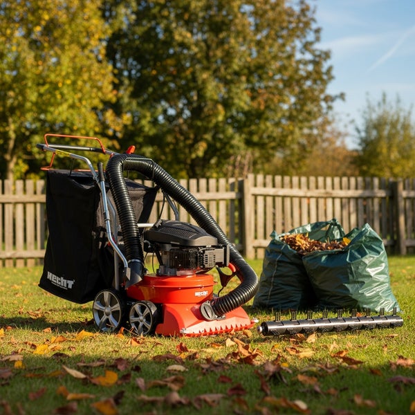 Laubsauger mit Laubsäcken und Rechen auf einer Rasenfläche vor einem Holzzaun