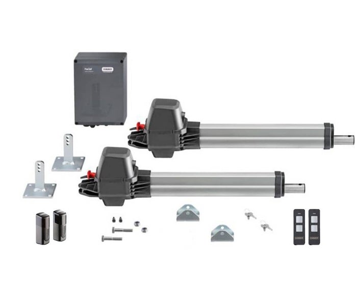 Drehtorantrieb-Set für zweiflügelige Tore inklusive zwei Antrieben, Steuerung, zwei Handsendern, Lichtschranke und Montagematerial.