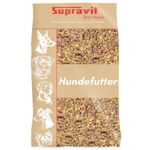 Supravit Hundefutter Trockenfutter im Beutel mit Abbildungen verschiedener Hunderassen.