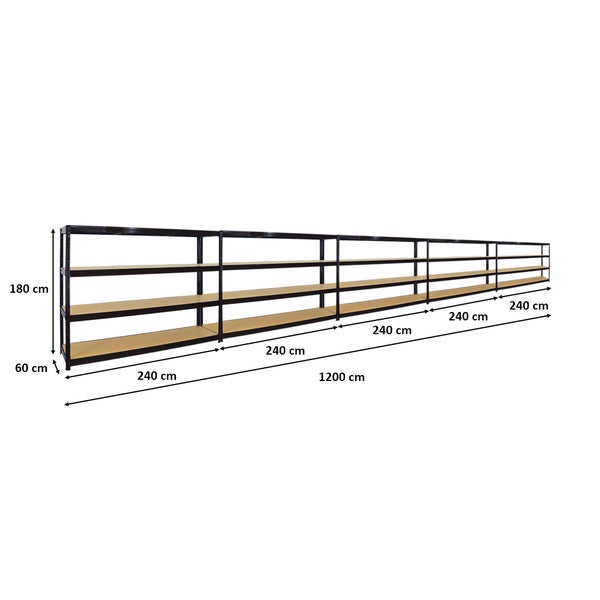 PROREGAL Mega Deal 5er-Sparset Profi-Schwerlastregal Dino HxBxT 180x240x60cm Fachlast 450kg Schwarz, Kellerregal, Steckregal, Garagenregal, Lagerregal