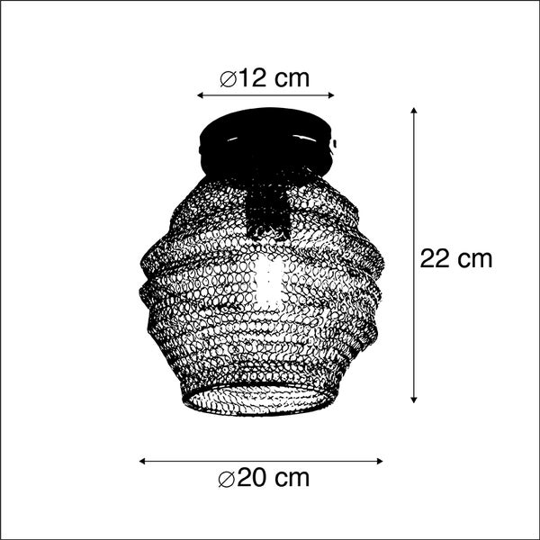 Lampenschirm aus Drahtgeflecht mit Maßen: Höhe 22 Zentimeter, Durchmesser oben 12 Zentimeter, Durchmesser unten 20 Zentimeter.